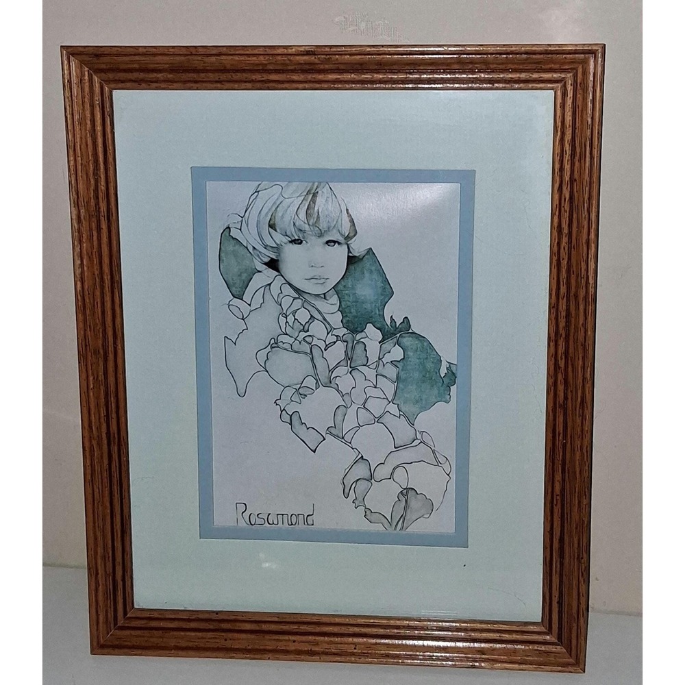 Vintage Framed Rosamond Art Print Girl Portrait Floral Illustration Wood Frame